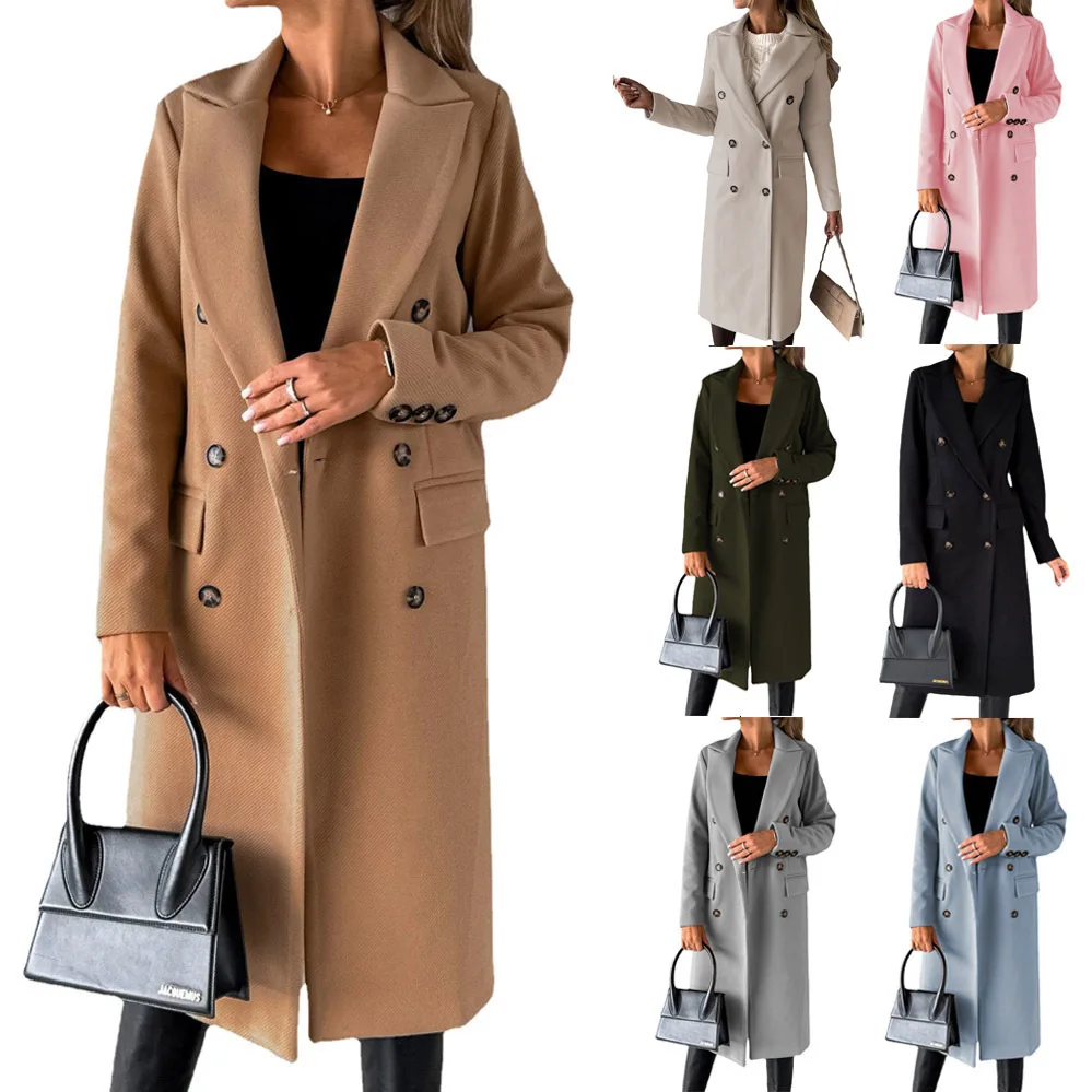 

Women's Spring 2025 New Coat Versatile Woolen Coat Solid Color Long Sleeve Double Breasted Pocket