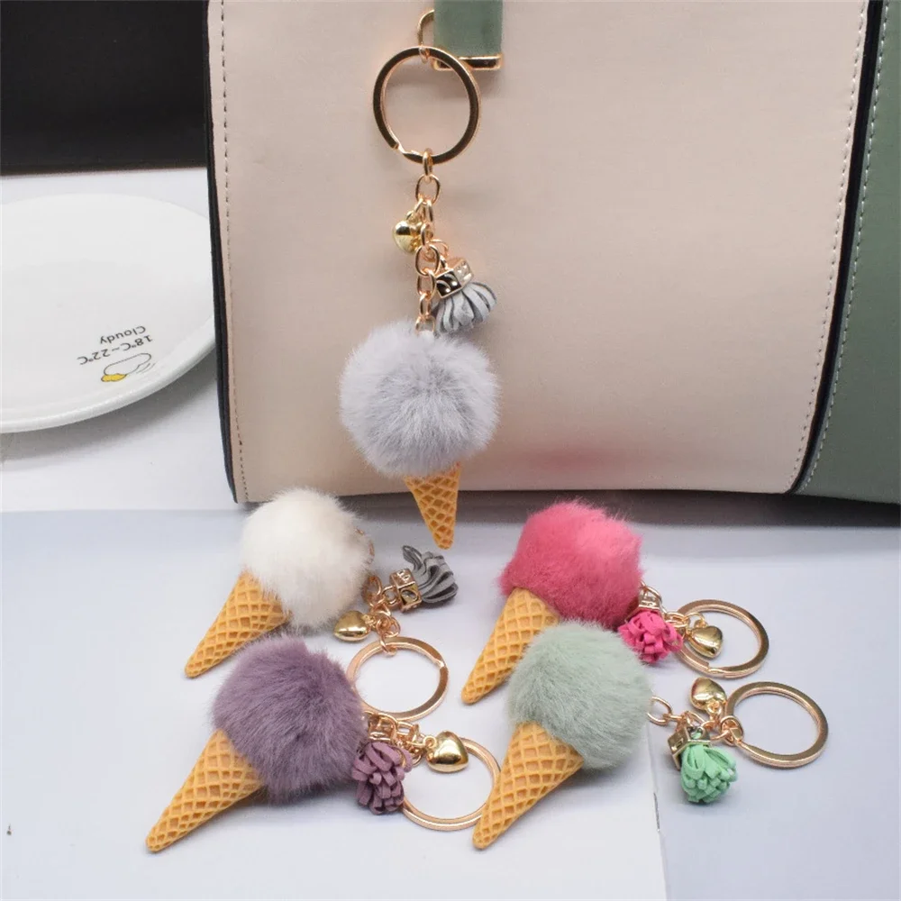 Creative Ice Cream Pendant Keychain Cute Fluffy Pom Pom Plush Keyring For Women Girls Wallet Handbag Ornament Decoration Gifts