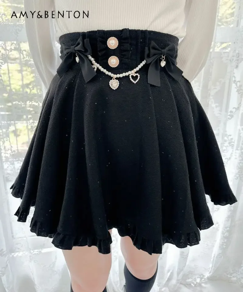 Japanese Style Sweet Cute Bow Love Rhinestone Pearl Pendant High Waist Skirt Women Mine Mass-produced Lotus Leaf Edge Mini Skirt