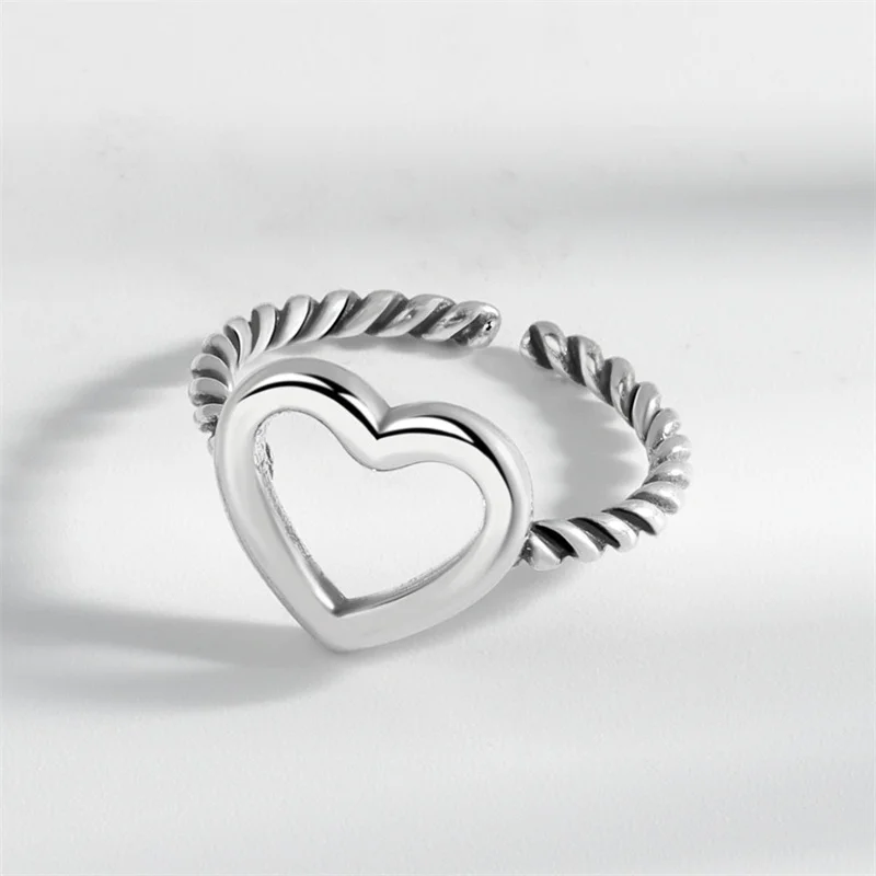 925 Sterling Silver Black Heart Geometry Adjustable Rings For Women Index Finger Ring Fashion HipHop Jewelry Accessories