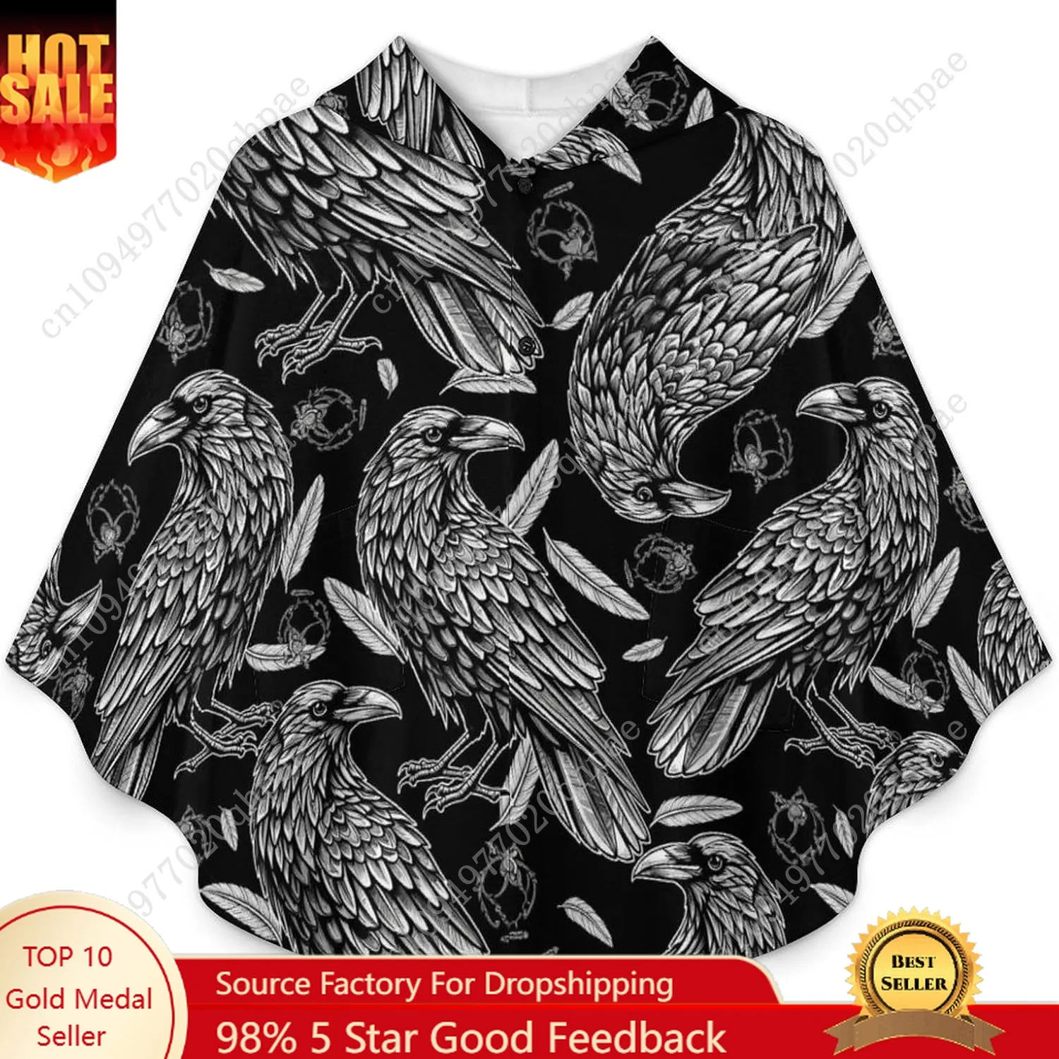 Comodo maglione coperta in flanella, felpa con cappuccio oversize nera con motivo corvo con tasche per bambini e adolescenti