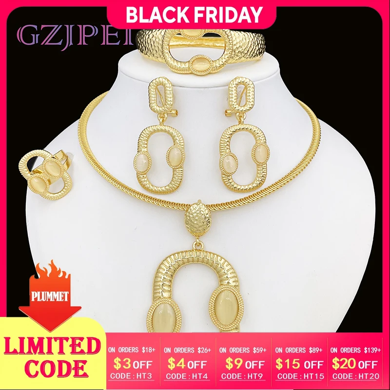 

Dubai 18K Gold Plated Jewelry Sets For Women Square Pendant Necklaces Large Earings Bracelet And Ring 4PCS Set Jewelry