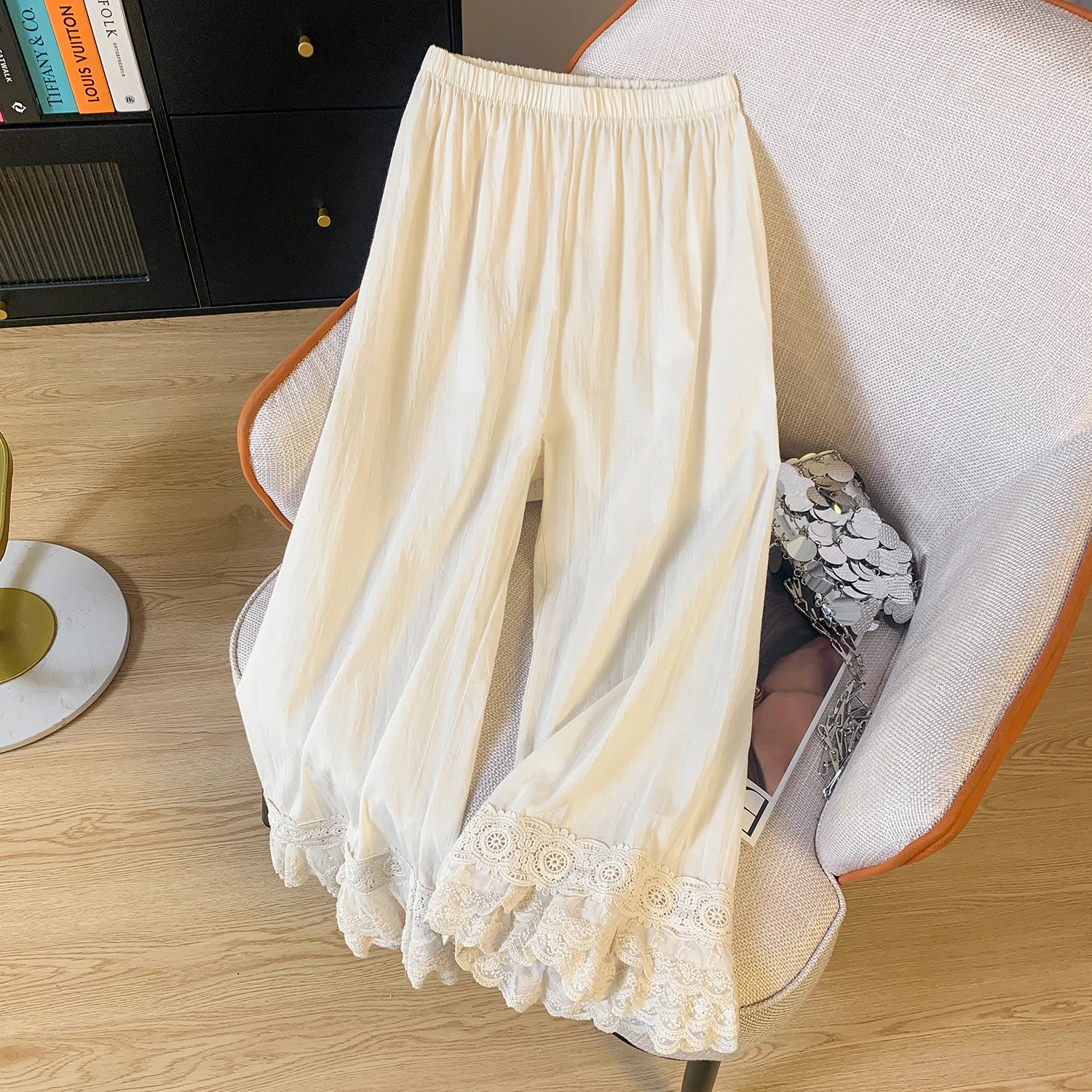 Spring Summer Cotton Blend Slim Fit Casual Pants with Lace Trim Nine Point Elastic Waist Lightweight Soft Full Length Ladies ...