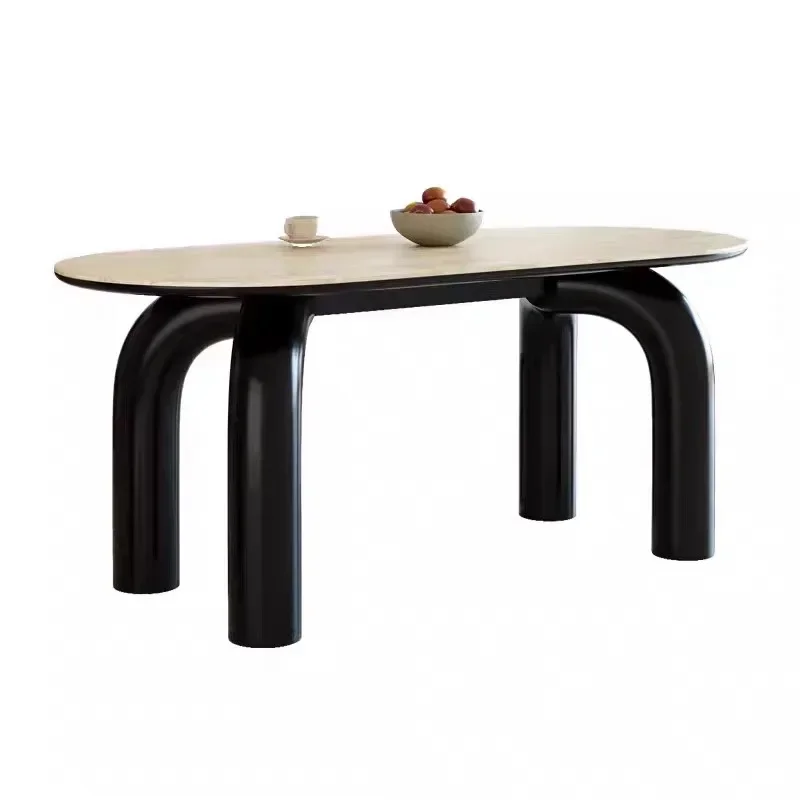 

French retro cream style, living room black rectangular rock slab dining table, small apartment dining table and chairs