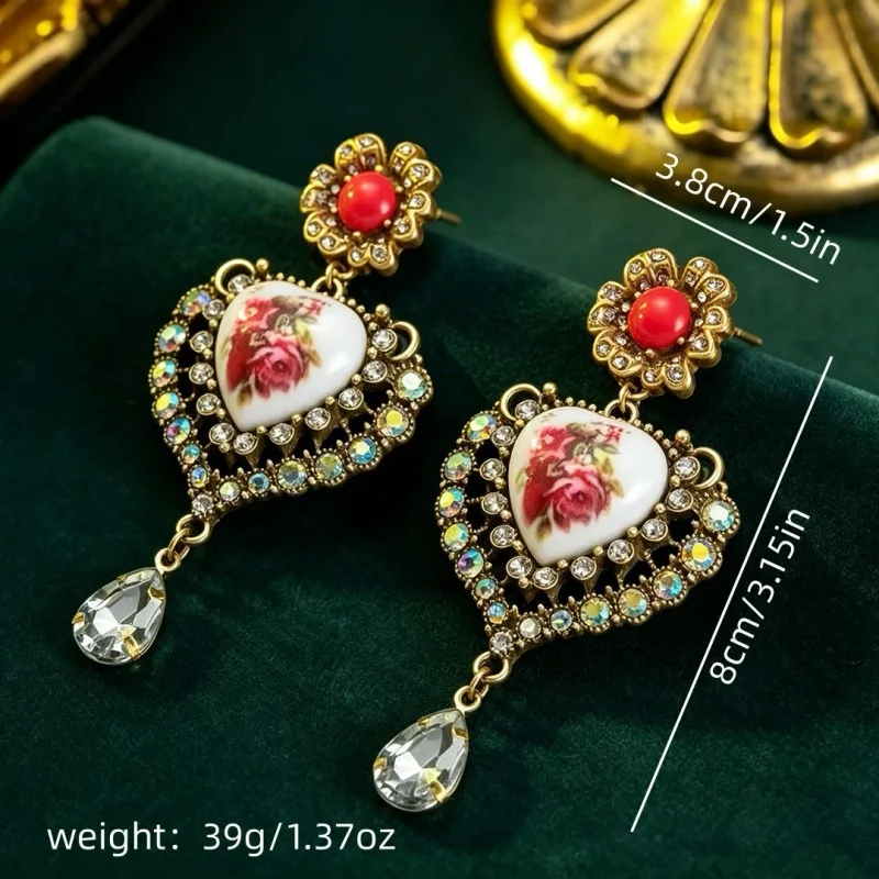 Women Retro Gothic Floral Heart Dangle Earrings Ornate Gold Frame Pink Rose Photo Cabochon Waterdrop Crystal Pendant Trendy Wedd