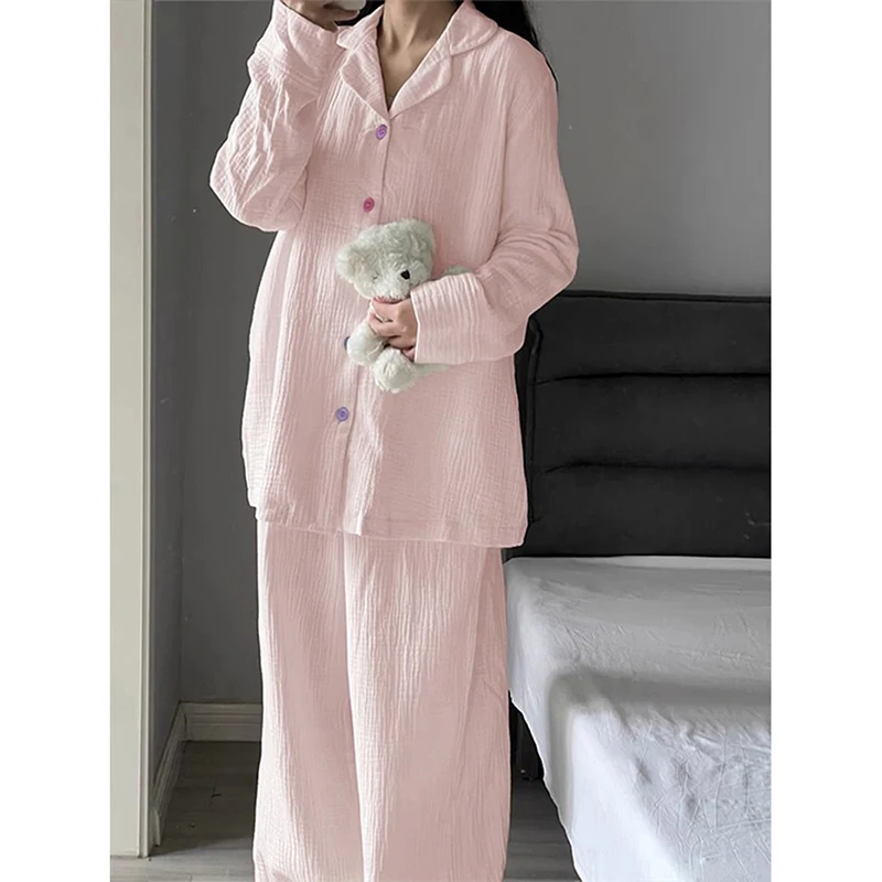 Pink Sleepwear Women Pajama Sets Piiama Autumn Pants Sets 2 Pieces Turn Down Collar Long Sleeve Night Wears Button Home Suit New