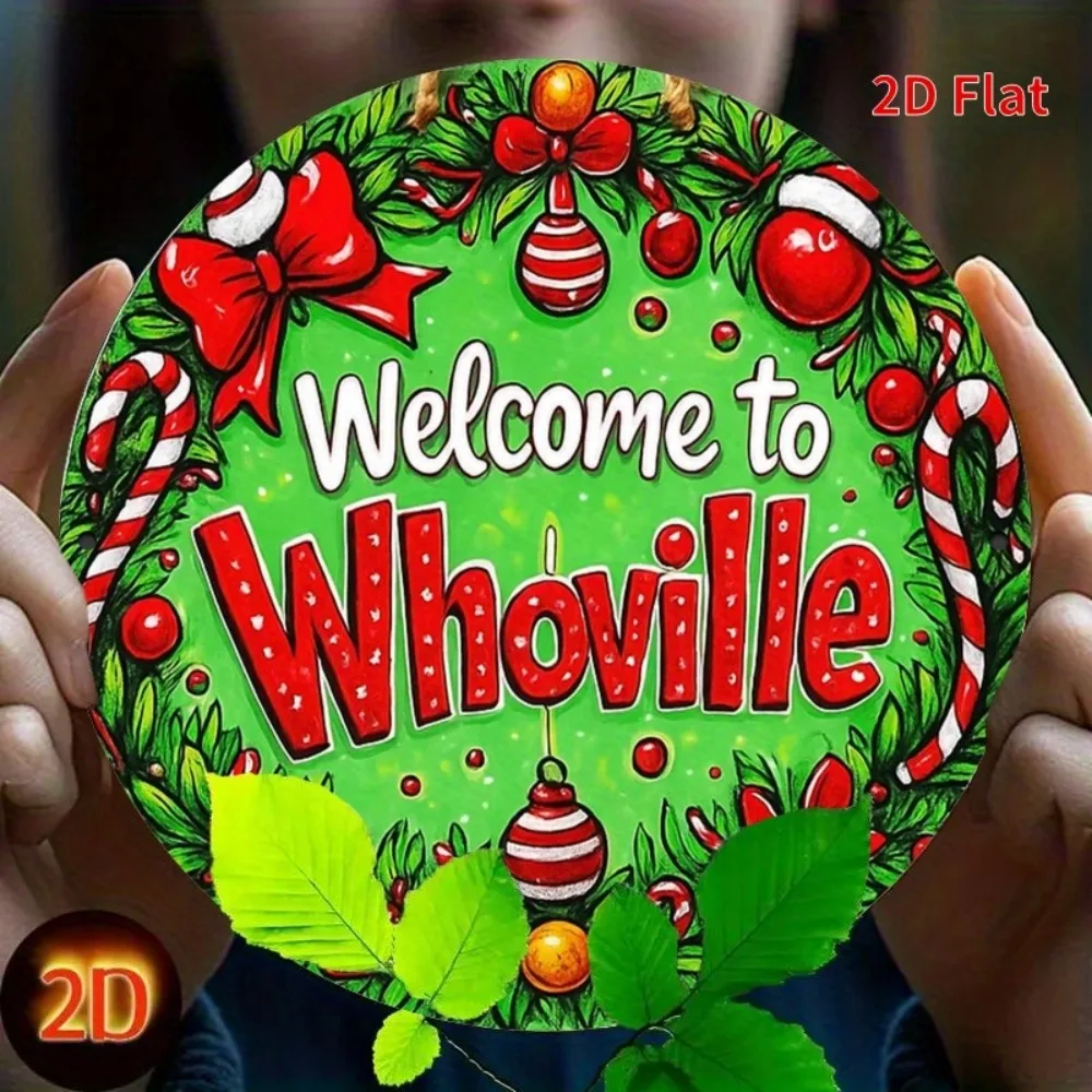 قطعة واحدة - مرحبًا بكم في لافتة حديدية مستديرة ذات طابع Whoville مقاس 7، 8 بوصات - ديكور عيد الميلاد الاحتفالي مع بيت خبز الزنجبيل وصب الحلوى والحلي