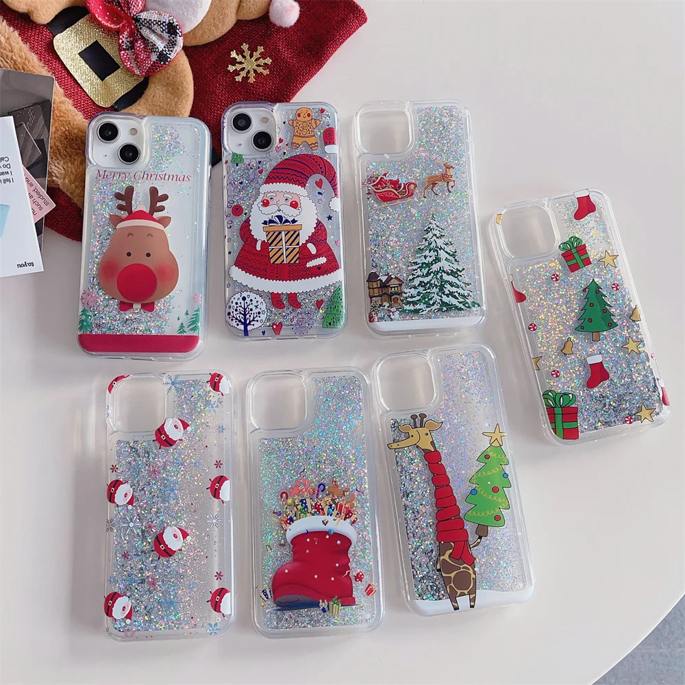

Christmas Cartoon New Year Gift Phone Case for iPhone 14 13 12 11 Pro Max X XS Glitter Dynamic Liquid Quicksand Protective Cover