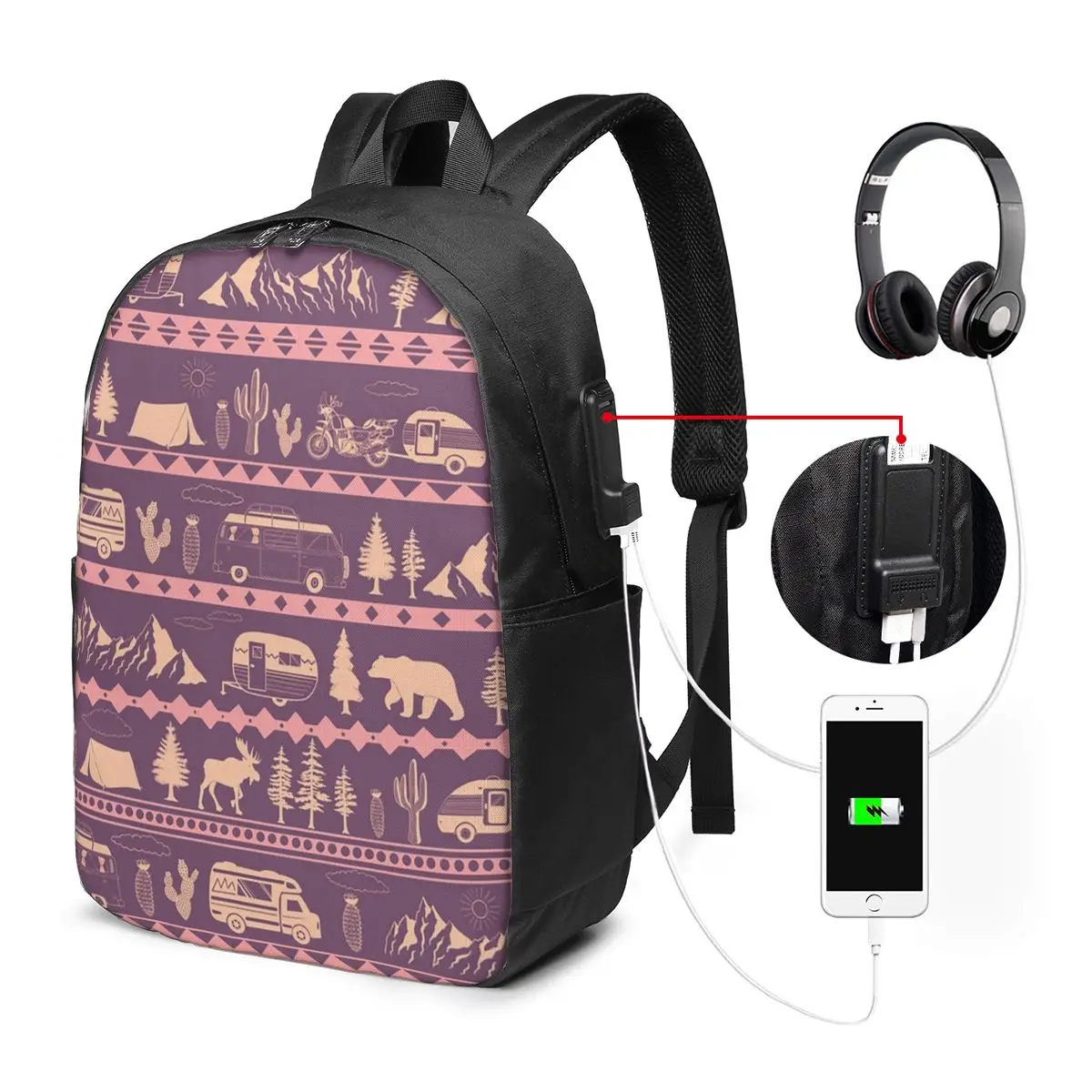Pink Camping Van Forest Night Sky Print Backpack Travel Notebook Bag Computer College Student School Bag Laptop Shoulder Bags