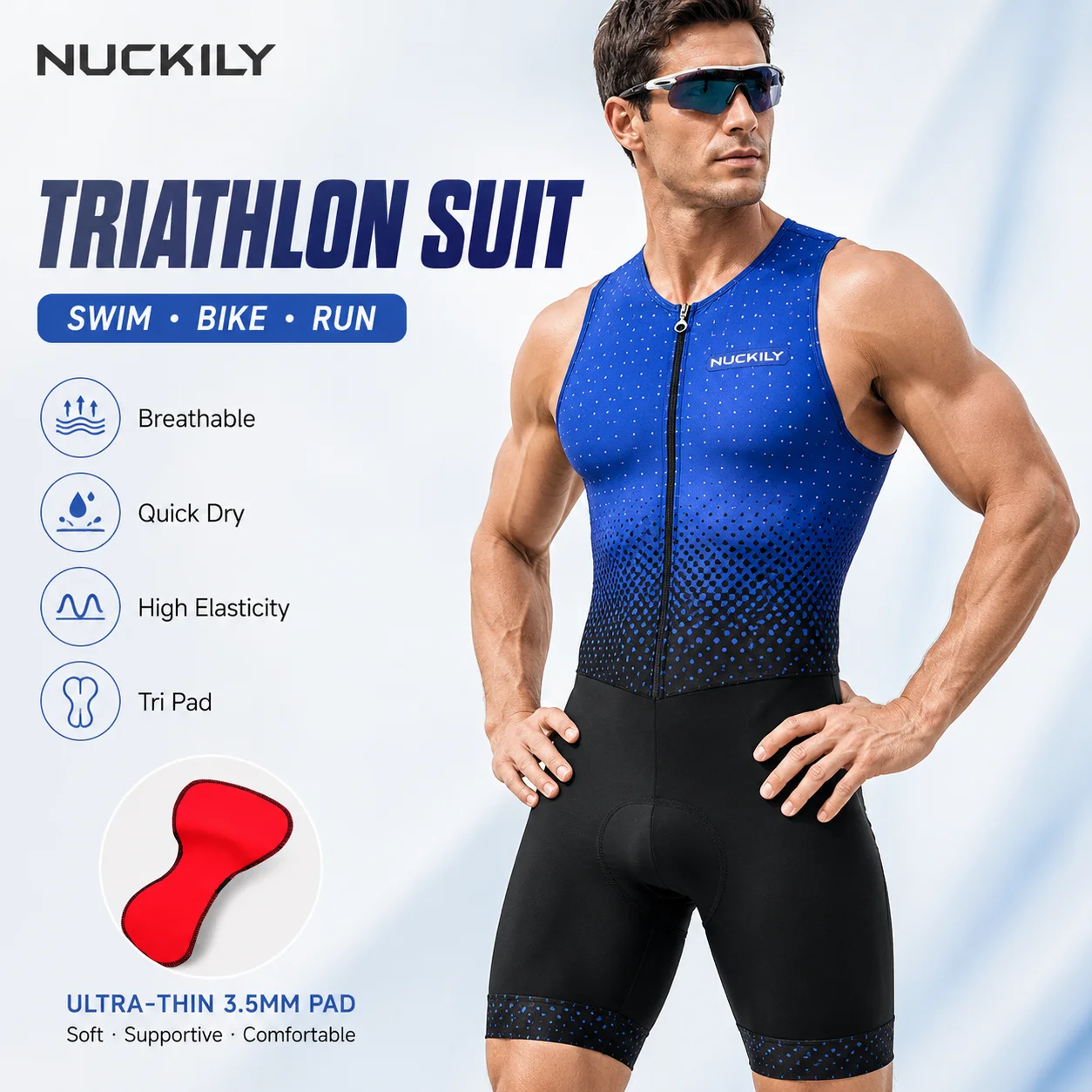 

NUCKILY Men Triathlon Suit Sleeveless One Piece Skinsuit Quick Dry Breathable 3.5MM Pad Swim Bike Run Racing Trisuit Pro Fit UV+