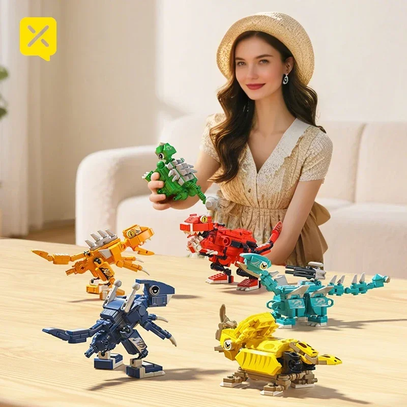 ชุดบล็อกตัวต่อไดโนเสาร์ 6-in-1 – โมเดลไทแรนโนซอรัส เร็กซ์/สเตโกซอรัสที่สามารถเปลี่ยนรูปได้ ของขวัญบล็อกตัวต่อ DIY สำหรับเด็ก