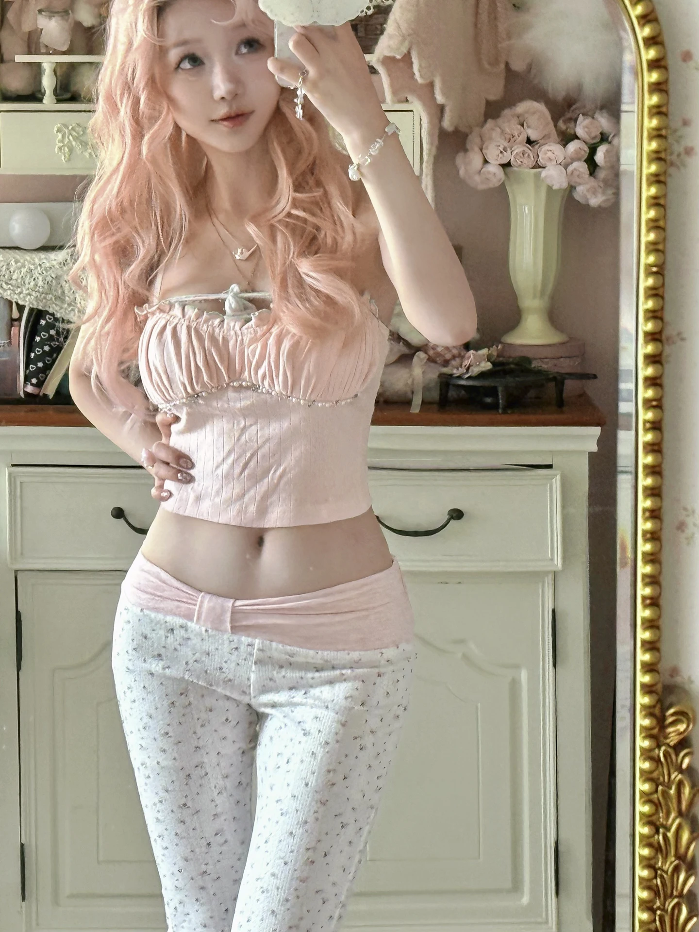 Koreanische Frühling Bogen Niedrige Taille Floral frauen Ausgestelltes Hosen Original Design Gestrickte Abnehmen Rosa Spleißen Rüschen Lange Hosen Damen