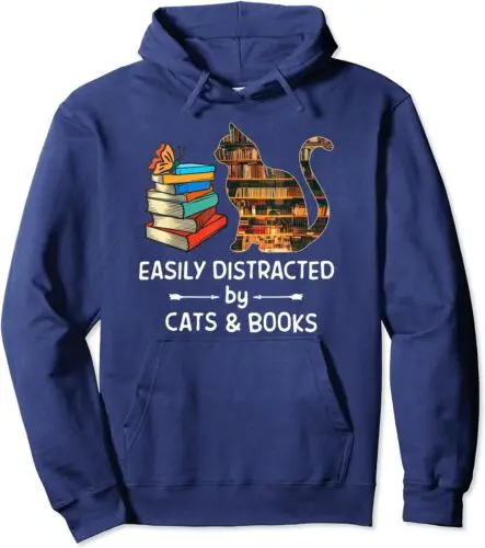 Polarshe-Unisex moletom com capuz, gatos e livros, facilmente Distrained by Cat Lover