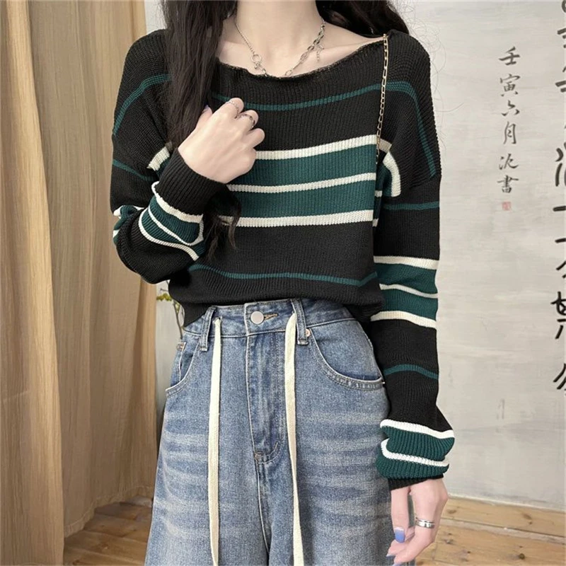 Women Trendy Striped Patchwork Chic Kawaii Knitted Sweaters Y2K Female Casual Streetwear Long Sleeve Loose Pullover Tops Jumpers