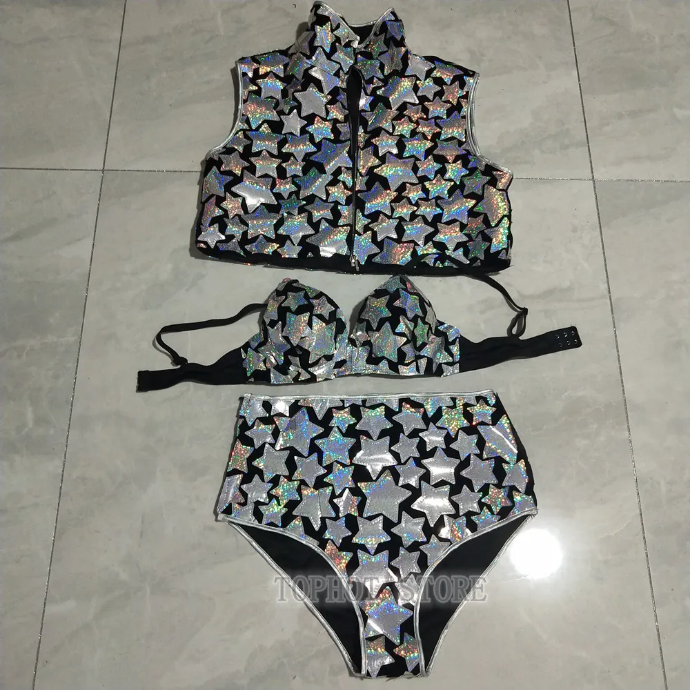 Equipo de espejo láser plateado para mujer, traje de baile de Jazz, chaleco, Bikini, conjunto de 3 piezas, Bar, club nocturno, DJ, cantante, bailarina, ropa de actuación en escenario