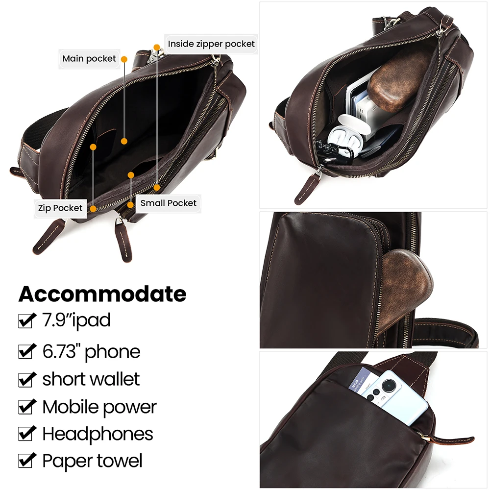New crazy leather men's chest bag for outdoor travel large capacity crossbody bag retro and simple men's chest bag