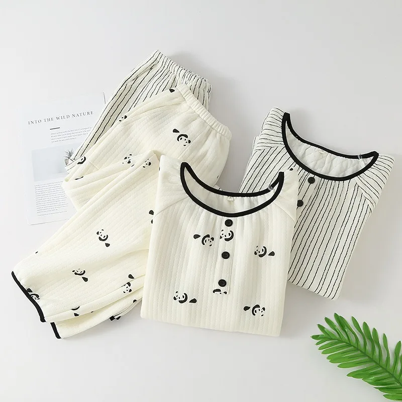 

New Women's Autumn Winter Pajamas Air Cotton Three Layer Thermal Long Sleeved Cartoon Loungewear Round Neck Casual XL Size