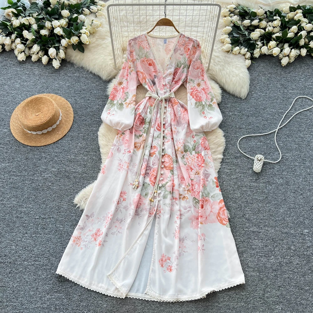 

Шикарный винтажный тонкий винтажный сарафан с v-образным вырезом и рюшами и длинными рукавами, элегантный сказочный корейский модный сарафан, женская одежда, длинное платье