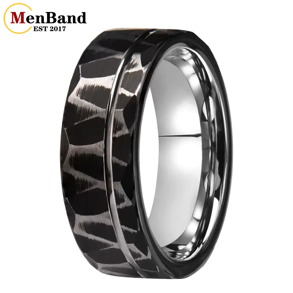 

Unique 6/8mm Men and Women Thin Silver Line Strip Distressed Hammered Tungsten Wedding Ring, Brushed Stonewashed Wedding Band