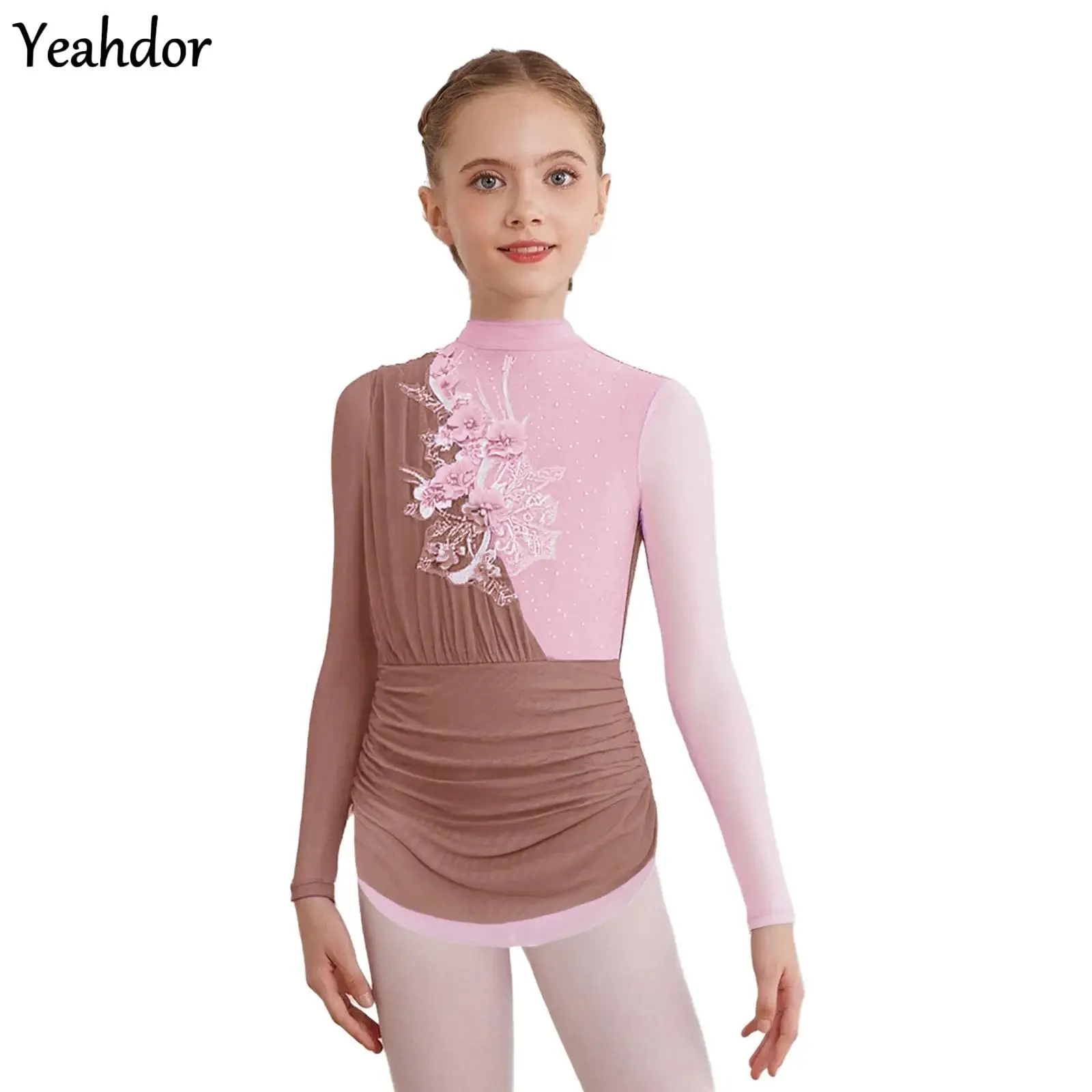 

Girls Figure Skating Dress Sheer Mesh Long Sleeves Applique Rhinestones Gymnastics Leotard Ballet Lyrical Dance Performance Wear