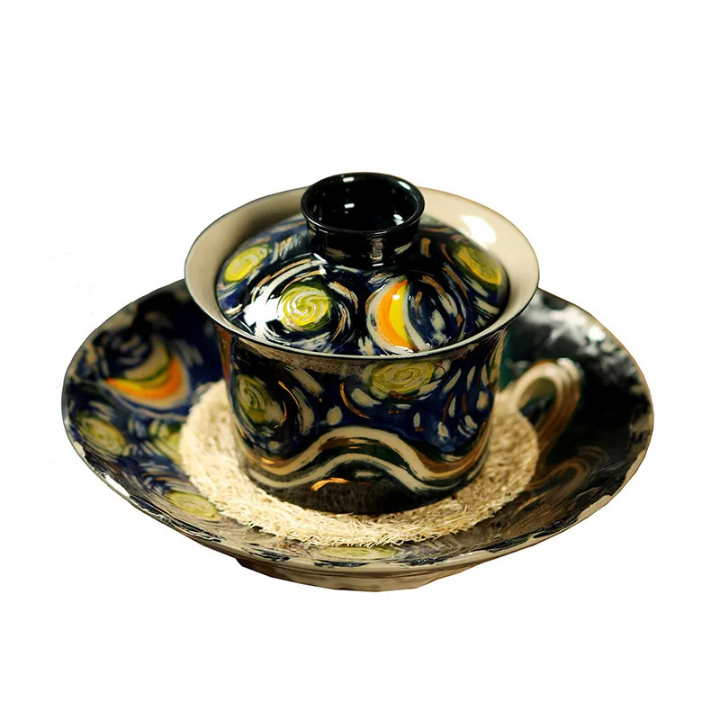 Mu Yan's Hand-Painted Oil Painting Style Van Gogh Starry Night Teacup Lid, Handmade Ceramic Creative Single Tea Bowl With