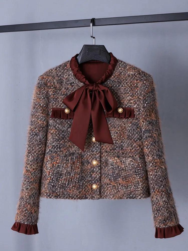 Autumn Winter Women Two Piece Set Sweet Vintage Bowknot Woolen Down Coat High Waist Straight Skirt Women Elegant Matching Sets
