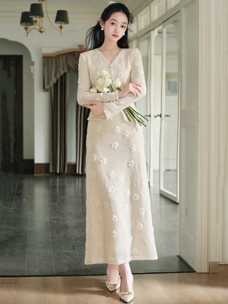 Spring Autumn Small Fragrance Knit Sequin Suit Women Long Sleeves Single Breasted Top+high Waist Bust Skirt Female Two Piece Set