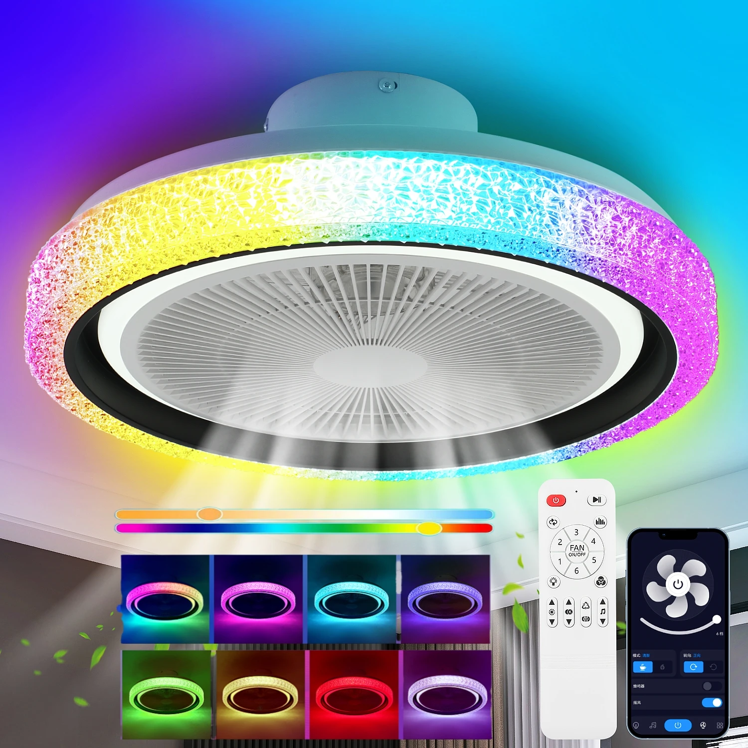 60W Bluetooth Musik RGB LED dimmbare Deckenleuchte Deckenventilator, mit Beleuchtung, dimmbarer Wohnzimmerventilator