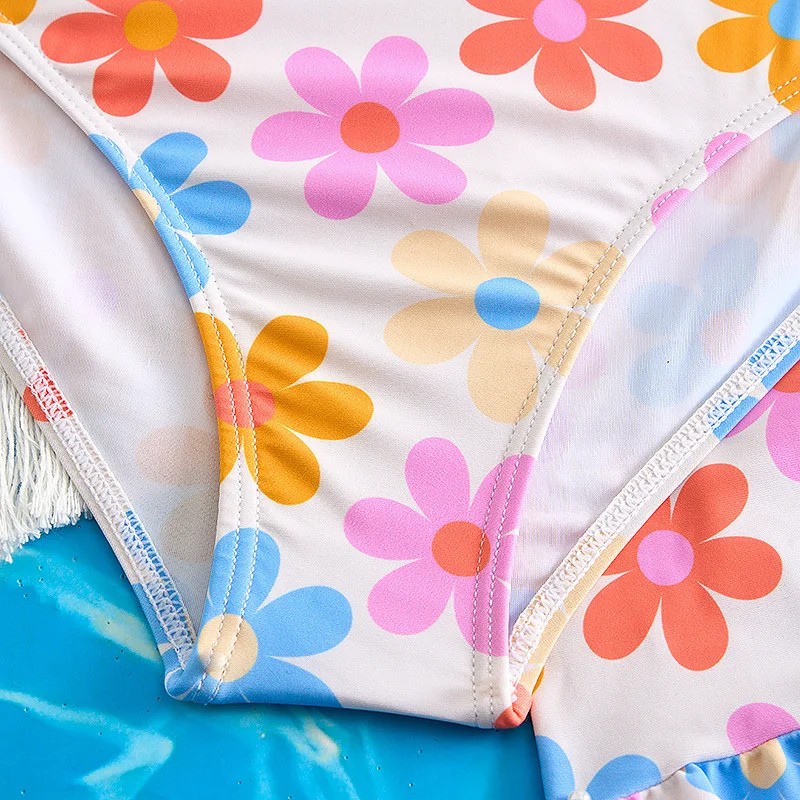 3 Pieces Floral Bikini 2026 Girls Swimsuit High Waist Kids Swimwear & Beach Skirt Pink Children Swimming Bathing Swim Suit