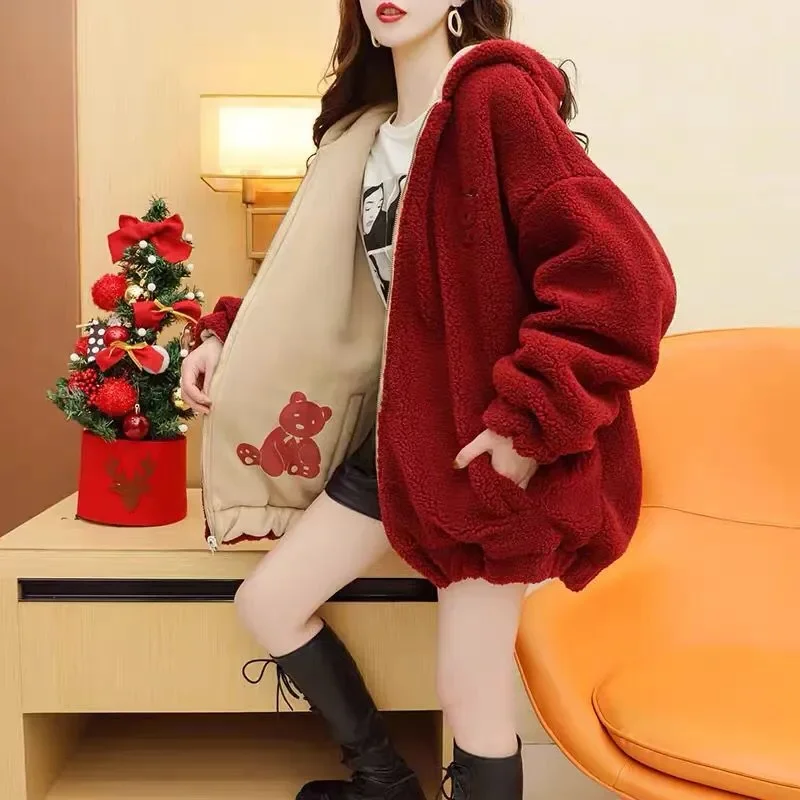 Wearing imitation lamb wool Coat on Both Sides Women's Fashion Autumn and Winter Slouchy Style Plush Thickened Cardigan Top