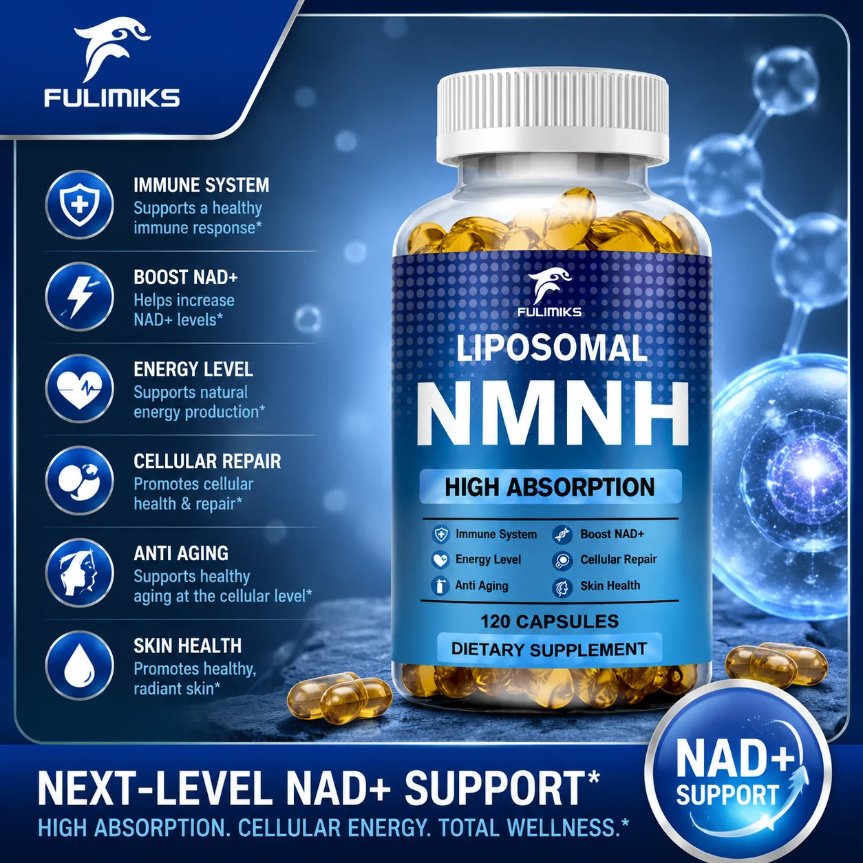 Fulimiks NMNH Supplement Capsules, with Resveratrol, PQQ, Support Immune, Vitality, Cellular Repair