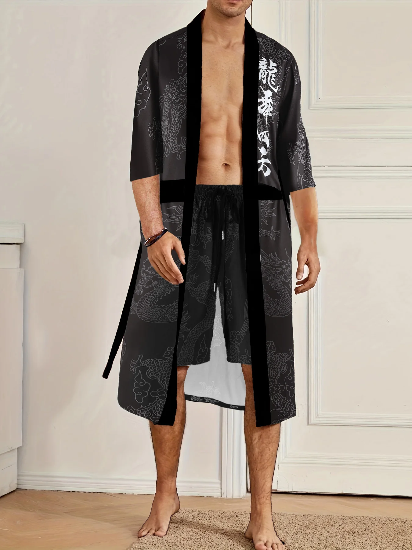 

Men's Black Dragon Print Robe Set 2 Piece Chinese Style 3/4 Sleeve Kimono Robe & Shorts Loungewear