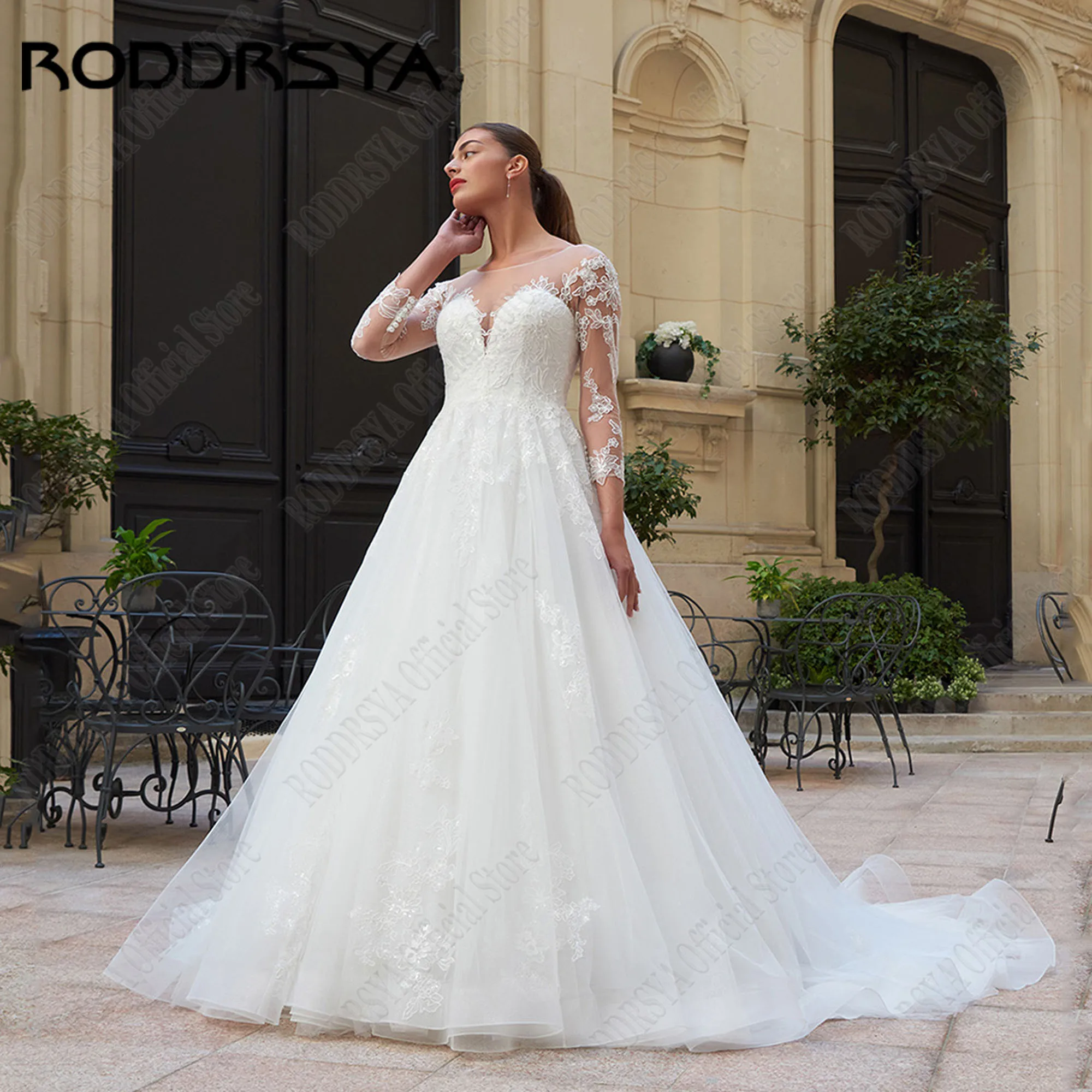 

RODDRSYA O-Neck A-Line Wedding Dress For Bride Luxury 3/4 Sleeves Lace Bride Gown Applique Robe De Mariée Sweep Train Customized