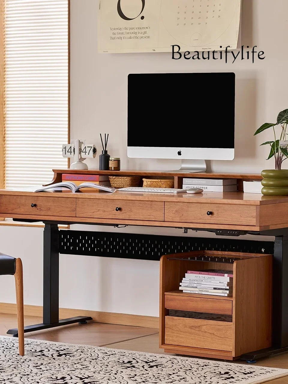 Modern simple starting point lifting desk, cherry wood double motor electric lifting table double desk