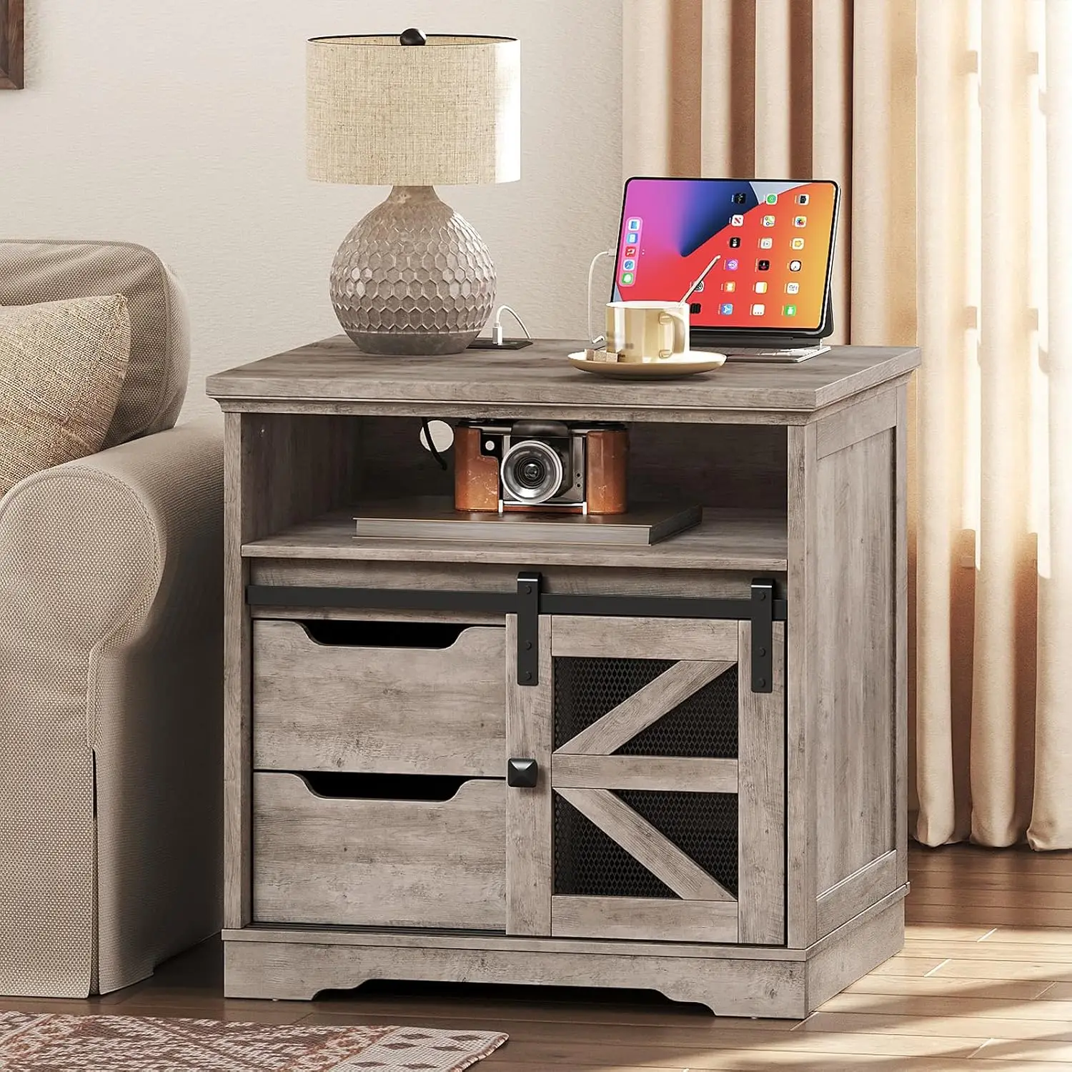 Farmhouse End Table with Charging Station Set of 2, Greige, Customized