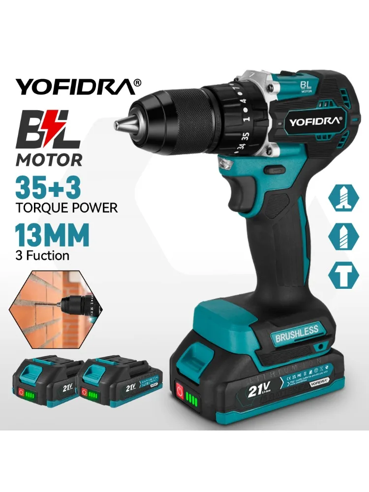 YOFIDRA 13MM 35 + 3 Drehmoment Bürstenlosen Elektrischen Schlagbohrmaschine Akkuschrauber Elektrowerkzeug Für Makita 18V Batterie Pin