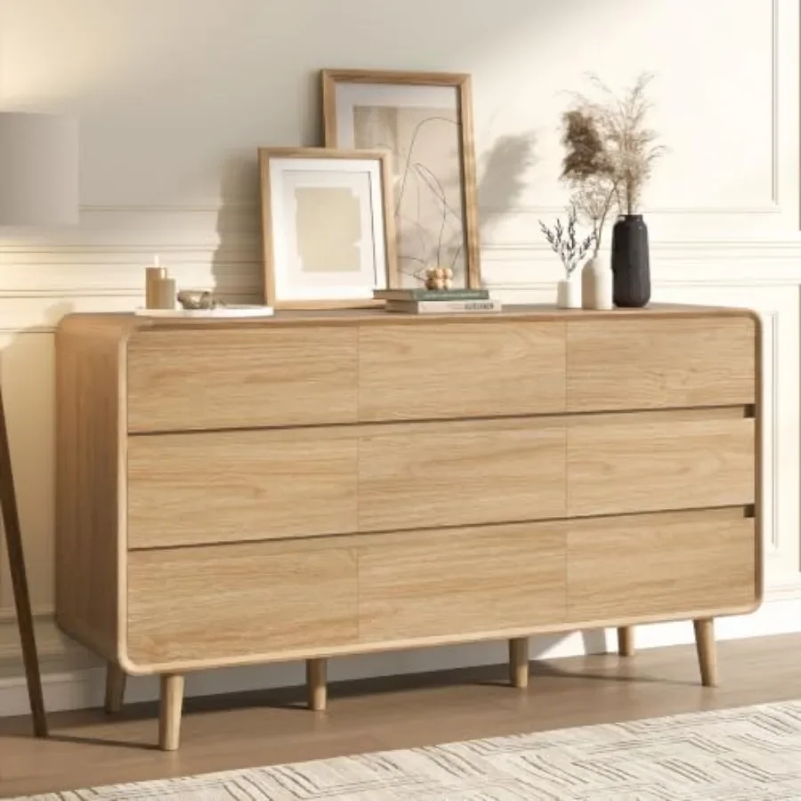 9 Drawer Dresser for Bedroom, 55'' Wide Modern Wood Chest of Drawers, Large Storage Drawer Dresser TV Stand, Oak