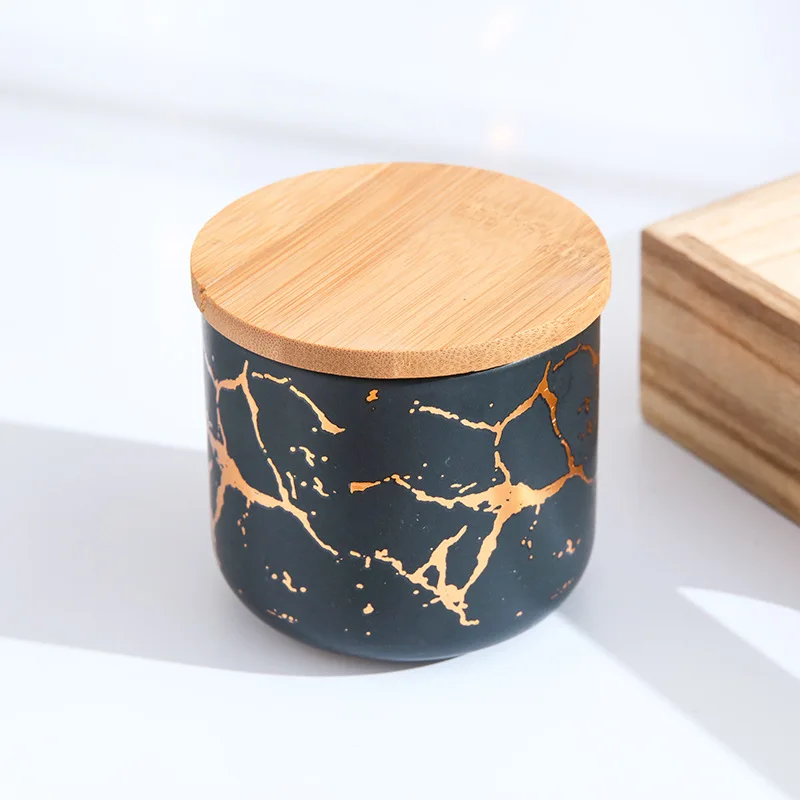 Modern Gold Plated Marbled Ceramic Jar with Wood Lid Kitchen Spice Grain Tank Candy Nut Tank Sealed Storage Jar Gift Home Decor