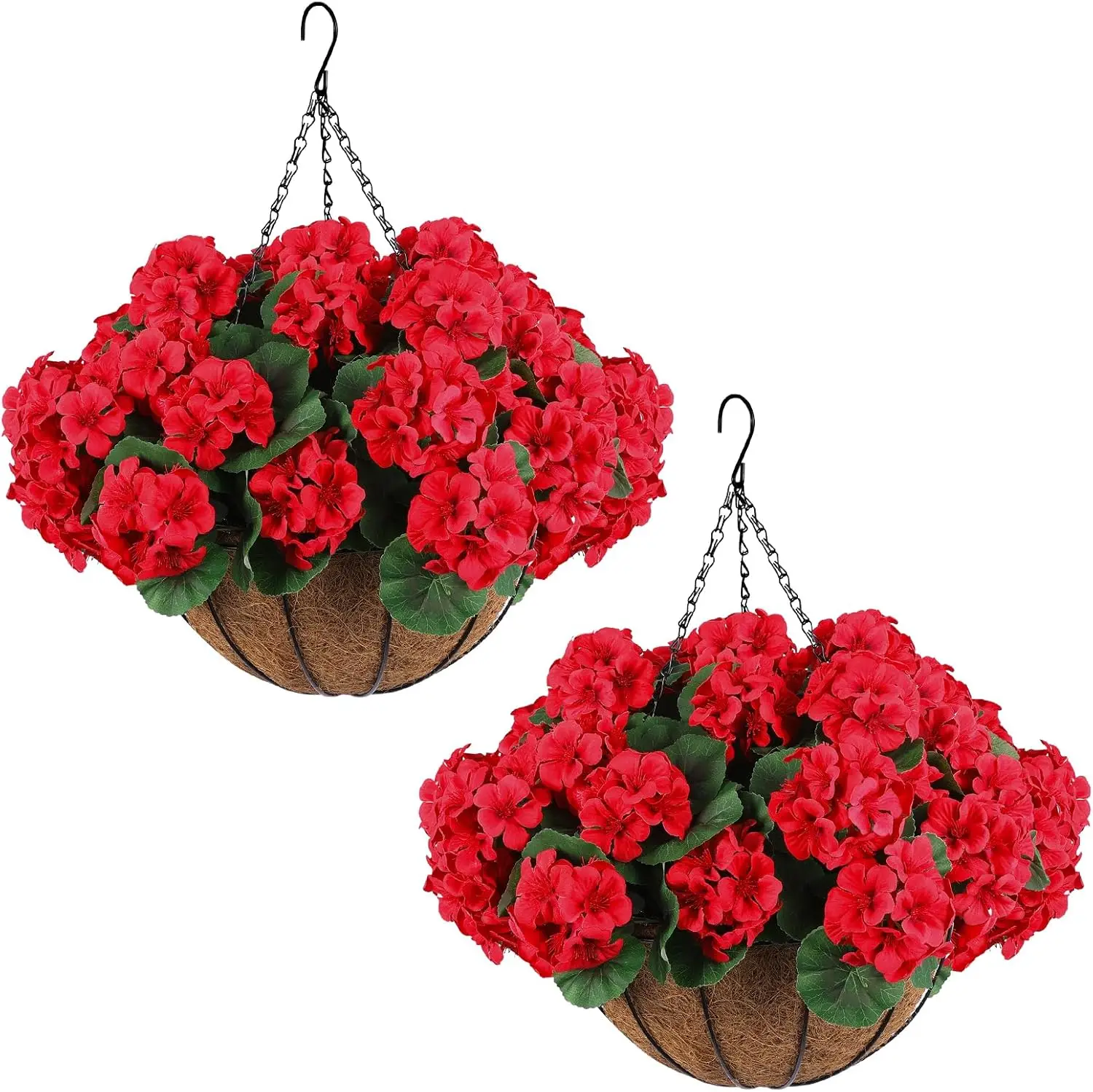 

2 Set Artificial Red Geraniums Flowers for Outdoors with Hanging Baskets, 2 Hanging Planters with 12 Pcs Red Geranium Fl