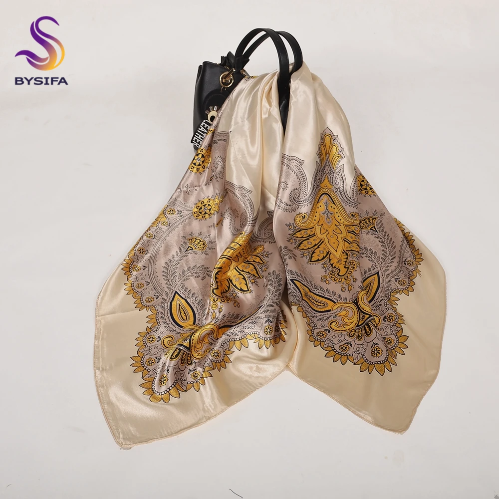 Fashion Brand Women Beige Polyester Silk Scarf Shawl New Style Big Square Ladies Satin Scarves Hijabs Printed Silk Wraps 90*90cm