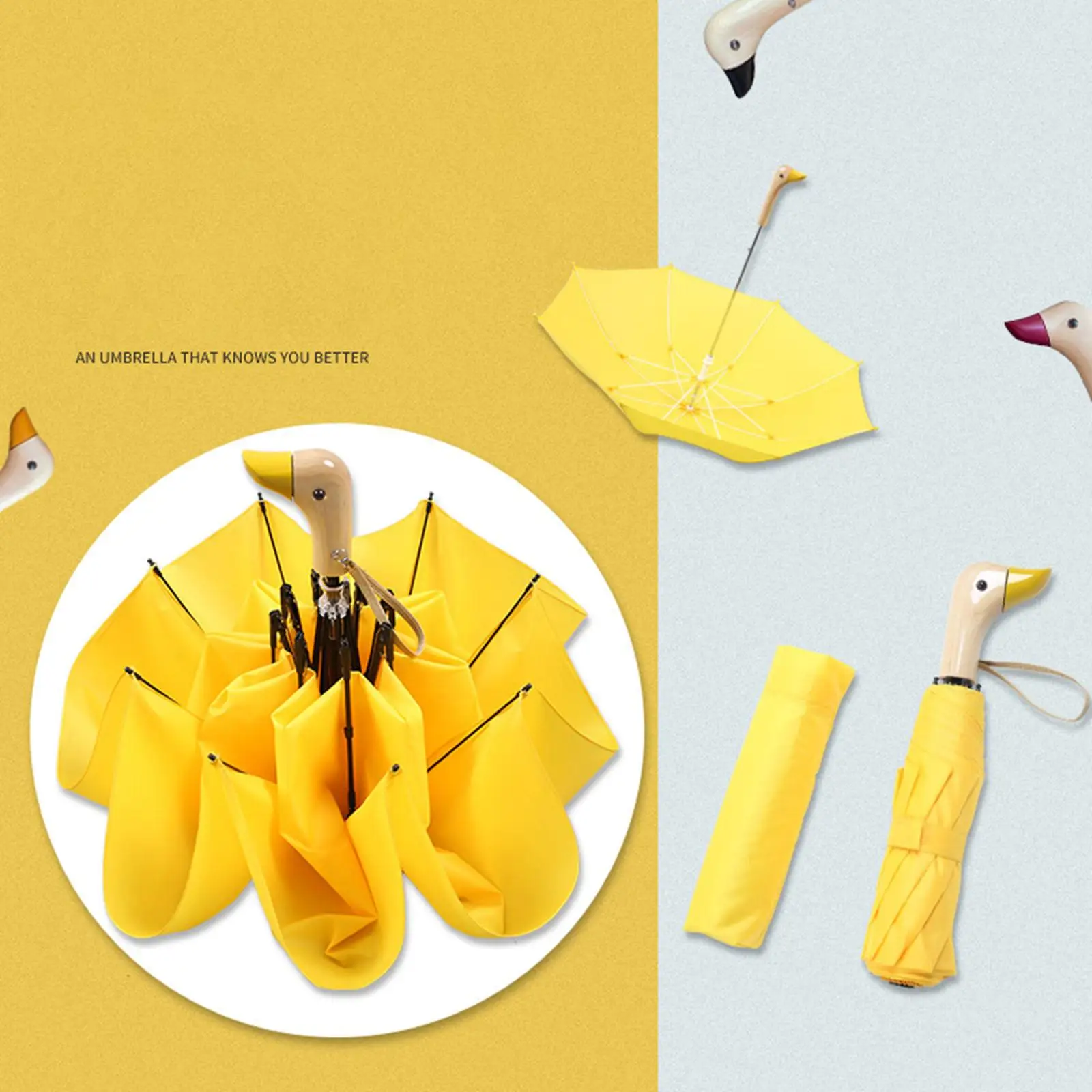 Cute Duck Handle Manual Umbrella Windproof Rain and Sun Protection Compact Travel Parasol for Beach Trips and Hikes