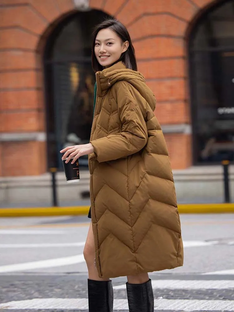 Luksusowa damska długa kurtka puchowa z gęsiego puchu Oversize 2025 Winter Warm Brown puffer coat with hooded Casual outerwear INKEO DJ525
