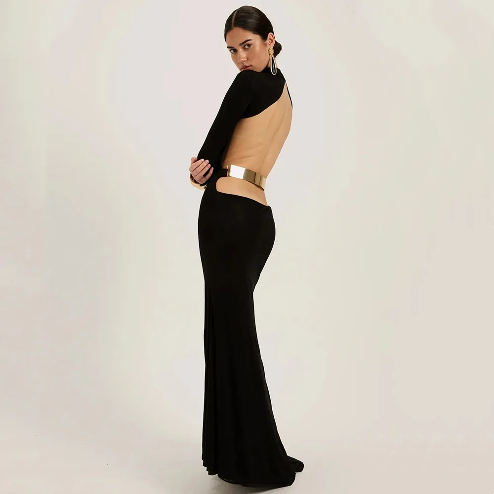 Apprabant-maxivestido de noche metálico elegante para mujer, vestido de fiesta Formal ajustado liso con cuello redondo y espalda descubierta, manga larga