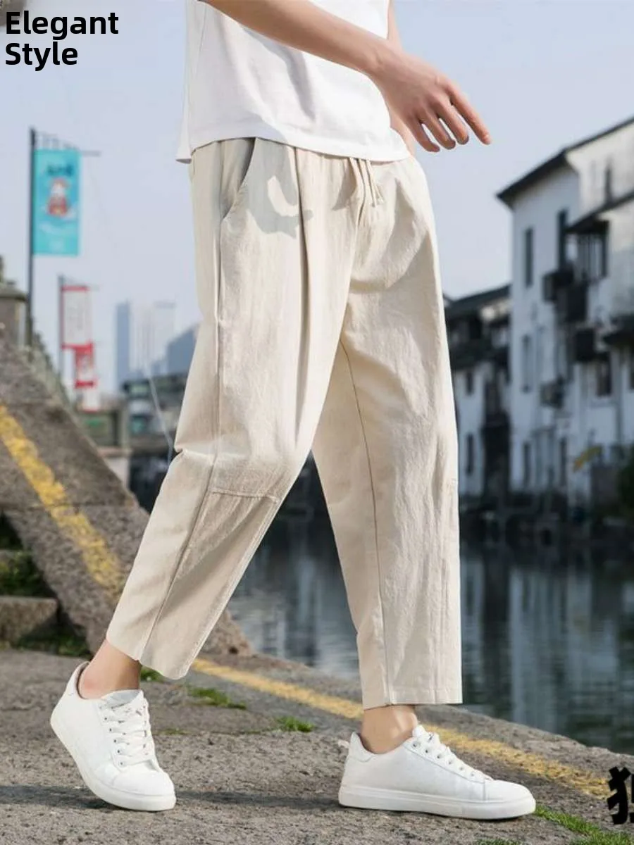 

Мужские повседневные льняные брюки свободного кроя с широкими штанинами, модные, тонкие, весенне-летние, новые, укороченные (до щиколотки), с высокой талией и завязками на поясе