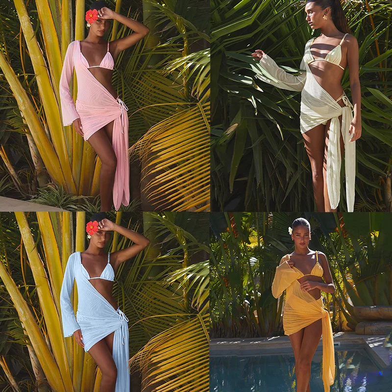 

Новинка 2025 года, бикини с тремя точками, европейский и американский купальник, женский сексуальный однотонный сетчатый купальник, купальник из трех частей