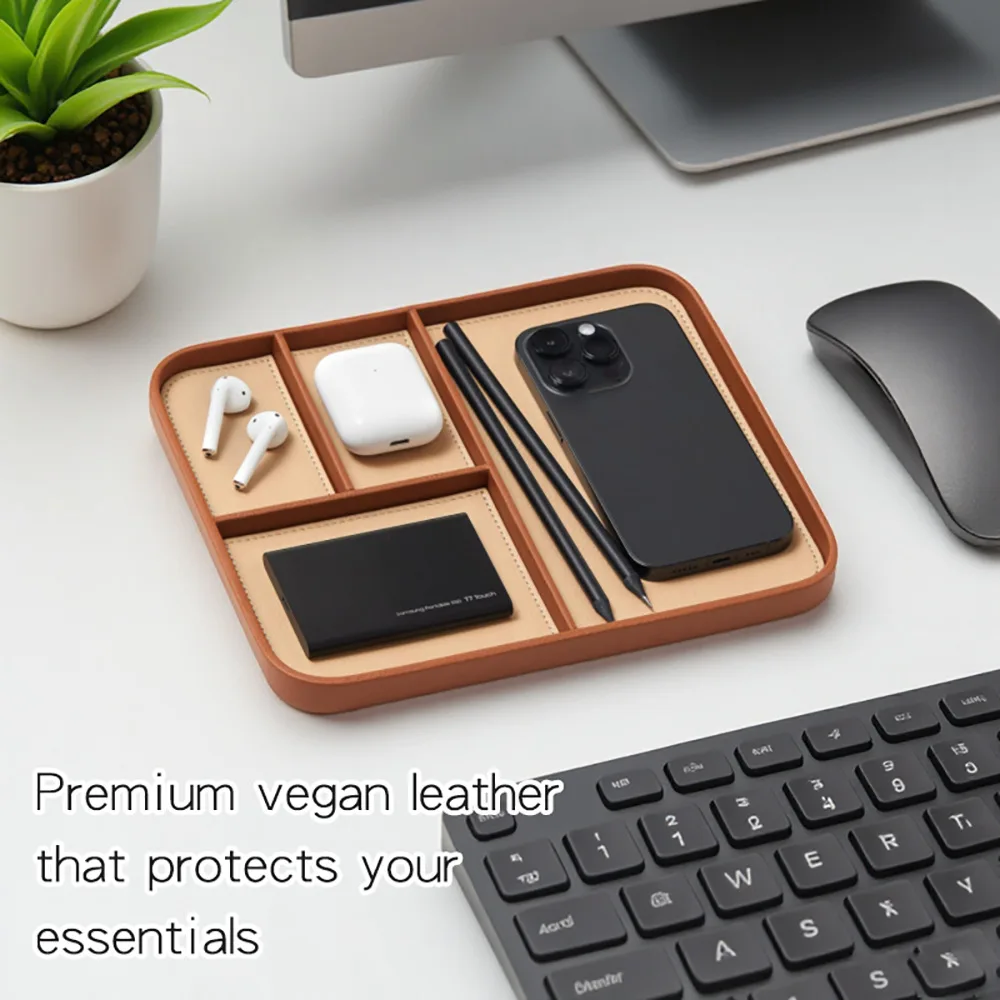 Leather Storage Tray, 4 Compartments, Fashion Color Matching Bedside Tray, Jewelry Mobile Phone Storage Basket