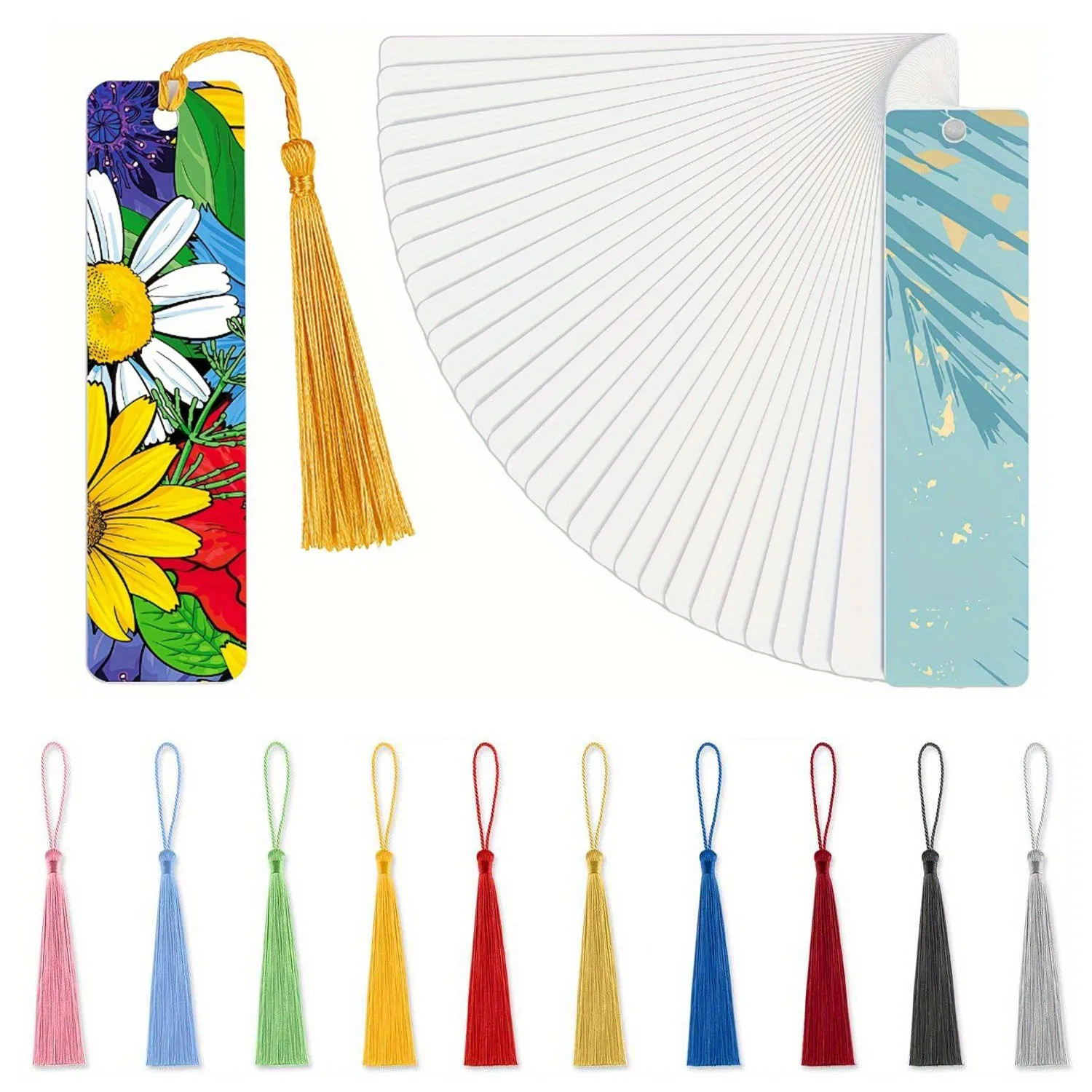 10 Stück DIY-Lesezeichenrohlinge mit Loch und Quaste, doppelseitiger Wärmeübertragung, perfekt zum Basteln, Geschenke, Geburtstage und Hochzeiten