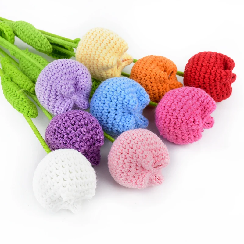 1piece Knitted Flower Rose Tulips Fake Flowers Bouquet Wedding Decoration Hand Crochet Woven Bouquet Home Table Desktop Decor