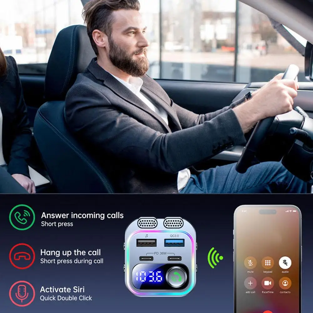 Transmissor fm bluetooth 5.3 para carro, pd 36w qc 3.0 microfone & alta fidelidade baixo som isqueiro rádio música adaptador carregador