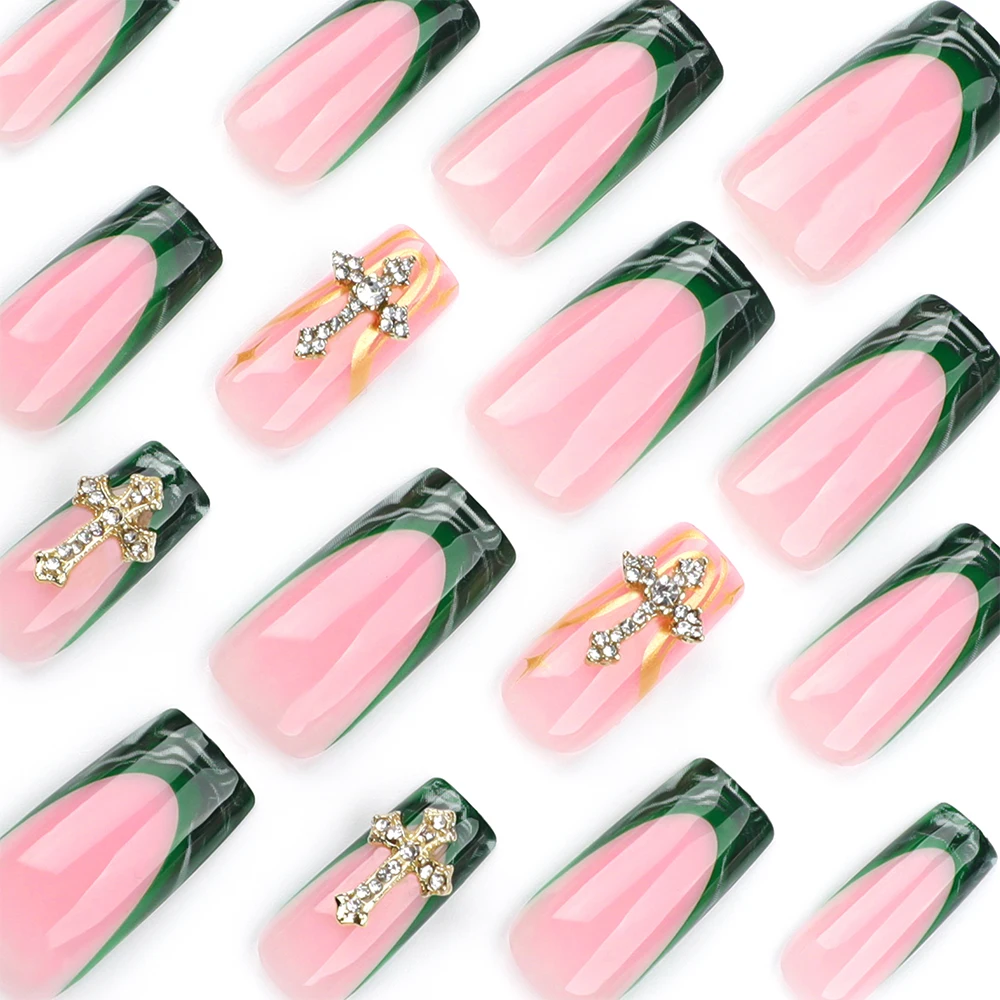 JP3521 QTCJ 24 szt. Zielony barwiony złoty krzyż ze strasem nadający się do noszenia Nail Art łatka na paznokcie wodoodporna i zdejmowana